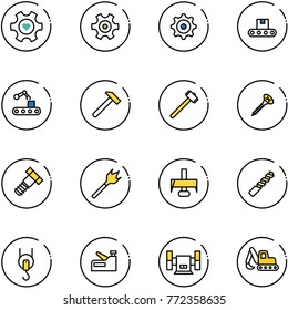 line vector icon set - heart gear vector, conveyor, hammer, sledgehammer, screw, bolt, wood drill, milling cutter, winch, stapler, sharpening, excavator toy