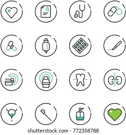 line vector icon set - heart vector, patient card, stethoscope, pills, drop counter, blister, scalpel, mri, tooth, kidneys, bladder, brush, liquid soap