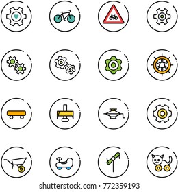 line vector icon set - heart gear vector, bike, road for moto sign, gears, hand wheel, skateboard, milling cutter, jack, wheelbarrow, baby car, toy windmill, cat