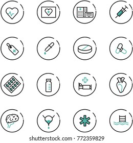 line vector icon set - heart pulse vector, first aid kit, hospital building, syringe, medical label, pipette, pill, pills, blister, vial, bed, brain, bladder, ambulance star, pool