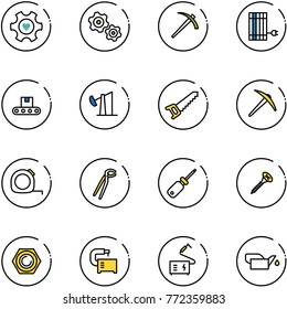 line vector icon set - heart gear vector, gears, job, sun panel, conveyor, oil derrick, saw, axe, measuring tape, plumber, screwdriver, screw, nut, machine tool, welding, oiler