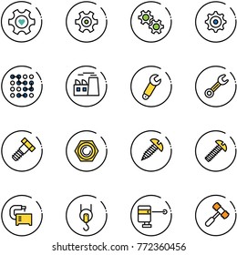 line vector icon set - heart gear vector, circuit, plant, wrench, bolt, nut, screw, machine tool, winch, laser lever, toy hammer