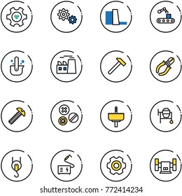 line vector icon set - heart gear vector, water power plant, conveyor, casting of steel, hammer, side cutters, screw, rivet, crown drill, cocncrete mixer, winch, welding, sharpening