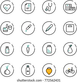 line vector icon set - heart pulse vector, patient card, stethoscope, hospital building, tonometer, pipette, thermometer, floor scales, pills bottle, carrot, pear, onion, milk, strawberry, bike