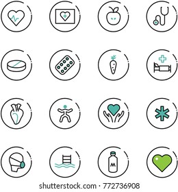 line vector icon set - heart pulse vector, first aid kit, apple, stethoscope, pill, pills blister, carrot, hospital bed, gymnastics, care, ambulance star, medical mask, pool, milk