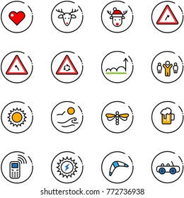 line vector icon set - heart vector, christmas deer, hat, turn right road sign, left, round motion, growth, team leader, sun, waves, dragonfly, beer, mobile phone, power, boomerang, toy car
