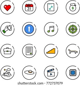 line vector icon set - heart vector, 31 dec calendar, x ray, money bag, cash pay, only forward road sign, music, target, portfolio, agreement, stairs, lounger, mountains, woman hat, movie flap, cpu