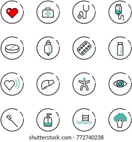 line vector icon set - heart vector, doctor bag, stethoscope, drop counter, pill, pills blister, vial, beat, liver, gymnastics, eye, tooth brush, liquid soap, pool, broccoli