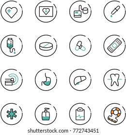 line vector icon set - heart vector, first aid kit, tonometer, pipette, drop counter, pill, pills, medical patch, mri, stomach, liver, tooth, ambulance star, liquid soap, pulse clipboard, teethers