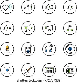 line vector icon set - heart beat vector, settings, volume max, low, off, loudspeaker, music, microphone, player, wireless headphones, cd, record button, guitar, toy piano, radio