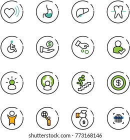 line vector icon set - heart beat vector, stomach, liver, tooth, disabled, investment, user check, idea, man globe, career, dollar, success, world, rich, fingerprint scanner