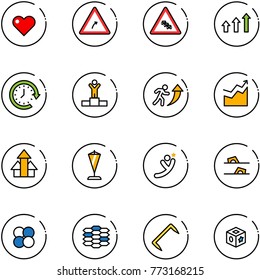 line vector icon set - heart vector, turn right road sign, multi lane traffic, arrows up, clock around, winner, career, growth, pennant, flying man, flip flops, atom core, carbon, staple, cube toy