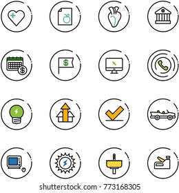 line vector icon set - heart vector, diet list, bank, calendar, dollar flag, monitor cursor, phone horn, idea, arrows up, check, cabrio, monoblock pc, sun power, crown drill, stapler
