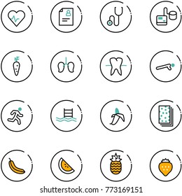 line vector icon set - heart pulse vector, patient card, stethoscope, tonometer, carrot, lungs, tooth, push ups, run, pool, banana, breads, watermelone, pineapple, strawberry