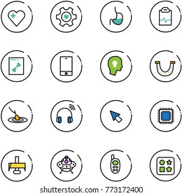 line vector icon set - heart vector, gear, stomach, pulse clipboard, x ray, phone, head bulb, luck, fishing, wireless headphones, cursor, cpu, milling cutter, ufo toy, cube hole