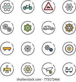 line vector icon set - heart gear vector, bike, road for moto sign, gears, limousine, hand wheel, skateboard, saw disk, milling cutter, wheelbarrow, baby car