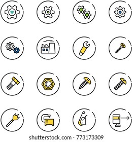 line vector icon set - heart gear vector, plant, wrench, screw, bolt, nut, wood drill, machine tool, winch, laser lever