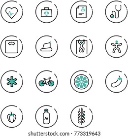 line vector icon set - heart pulse vector, doctor bag, patient card, stethoscope, floor scales, treadmill, pull ups, gymnastics, ambulance star, bike, lemon slice, eggplant, sweet pepper, milk