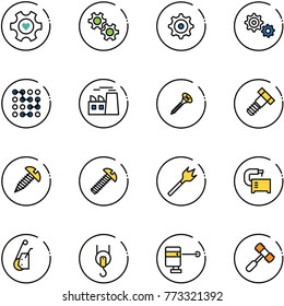line vector icon set - heart gear vector, circuit, plant, screw, bolt, wood drill, machine tool, winch, laser lever, toy hammer