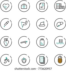 line vector icon set - heart pulse vector, doctor bag, patient card, hospital building, pipette, power hand, treadmill, liver, push ups, pills bottle, pool, banana, sweet pepper, breads, pineapple