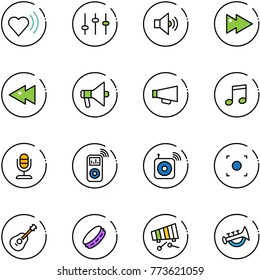 line vector icon set - heart beat vector, settings, volume medium, fast forward, backward, loudspeaker, music, microphone, player, wireless speaker, record button, guitar, tambourine, xylophone