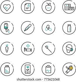 line vector icon set - heart pulse vector, patient card, apple, hospital building, drop counter, thermometer, pills, vial, carrot, bed, tooth brush, medical mask, bottle, mobile monitor, clipboard