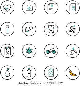 line vector icon set - heart pulse vector, doctor bag, patient card, diet list, vial, liver, tooth, run, pull ups, ambulance star, bike, banana, pear, milk, breads