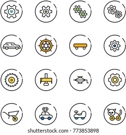 line vector icon set - heart gear vector, gears, limousine, hand wheel, skateboard, saw disk, milling cutter, jack, wheelbarrow, car toy, baby, cat