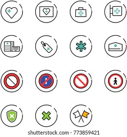 line vector icon set - heart vector, first aid kit, doctor bag, room, hospital building, medical label, ambulance star, hat, prohibition road sign, no parkin odd, pedestrian, shield cross, delete