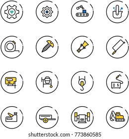 line vector icon set - heart gear vector, conveyor, casting of steel, measuring tape, screw, dowel, metal hacksaw, jig saw, cocncrete mixer, winch, welding, stapler, trailer, sharpening