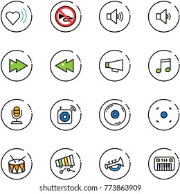 line vector icon set - heart beat vector, no horn road sign, volume medium, low, fast forward, backward, loudspeaker, music, microphone, wireless speaker, cd, record button, drum, xylophone, toy