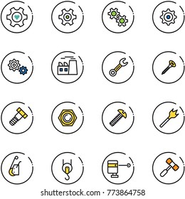 line vector icon set - heart gear vector, plant, wrench, screw, bolt, nut, wood drill, winch, laser lever, toy hammer