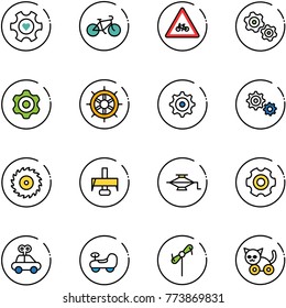 line vector icon set - heart gear vector, bike, road for moto sign, gears, hand wheel, saw disk, milling cutter, jack, car toy, baby, windmill, cat
