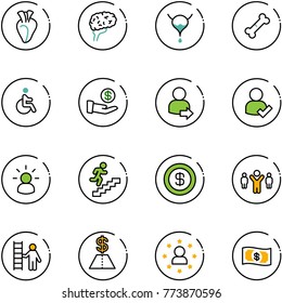 line vector icon set - heart vector, brain, bladder, broken bone, disabled, investment, user login, check, idea, career, dollar, team leader, opportunity, star man, money