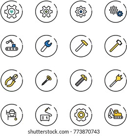 line vector icon set - heart gear vector, conveyor, wrench, hammer, sledgehammer, side cutters, screw, wood drill, cocncrete mixer, welding, excavator toy