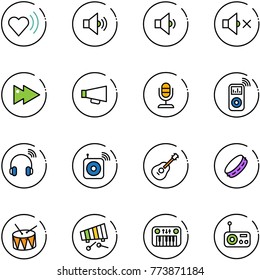 line vector icon set - heart beat vector, volume medium, low, off, fast forward, loudspeaker, microphone, music player, wireless headphones, speaker, guitar, tambourine, drum, xylophone, toy piano