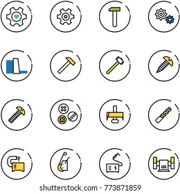 line vector icon set - heart gear vector, work, water power plant, hammer, sledgehammer, screw, rivet, milling cutter, drill, machine tool, winch, welding, sharpening