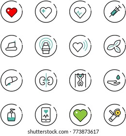 line vector icon set - heart vector, pulse, syringe, treadmill, mri, beat, three leafs, liver, kidneys, pull ups, drop hand, liquid soap, mobile monitor, Angular grinder