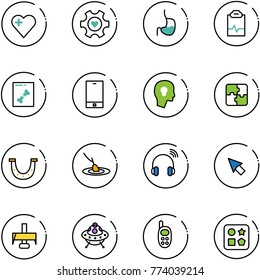 line vector icon set - heart vector, gear, stomach, pulse clipboard, x ray, phone, head bulb, puzzle, luck, fishing, wireless headphones, cursor, milling cutter, ufo toy, cube hole