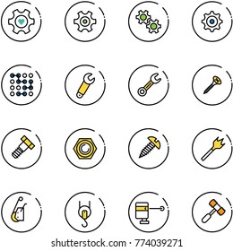 line vector icon set - heart gear vector, circuit, wrench, screw, bolt, nut, wood drill, winch, laser lever, toy hammer