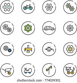 line vector icon set - heart gear vector, bike, gears, limousine, milling cutter, jack, wheelbarrow, baby car, toy windmill, cat