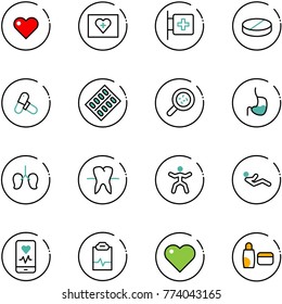 line vector icon set - heart vector, first aid kit, room, pill, pills, blister, bacteria, stomach, lungs, tooth, gymnastics, abdominal muscles, mobile monitor, pulse clipboard, uv cream