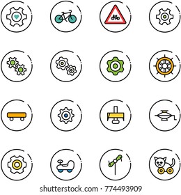 line vector icon set - heart gear vector, bike, road for moto sign, gears, hand wheel, skateboard, milling cutter, jack, baby car, toy windmill, cat