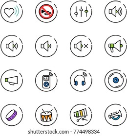 line vector icon set - heart beat vector, no horn road sign, settings, volume max, medium, low, off, loudspeaker, music player, wireless headphones, cd, tambourine, drum, xylophone, toy