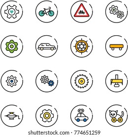 line vector icon set - heart gear vector, bike, road for moto sign, gears, limousine, hand wheel, skateboard, saw disk, milling cutter, jack, car toy, cat