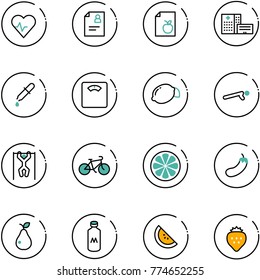 line vector icon set - heart pulse vector, patient card, diet list, hospital building, pipette, floor scales, lemon, push ups, pull, bike, slice, eggplant, pear, milk, watermelone, strawberry