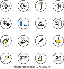 line vector icon set - heart gear vector, work, water power plant, conveyor, side cutters, rivet, drill, crown, tile, machine, winch, stapler