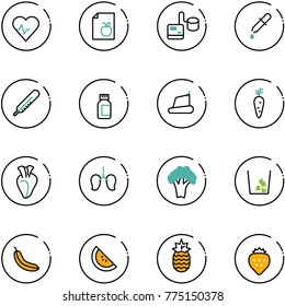 line vector icon set - heart pulse vector, diet list, tonometer, pipette, thermometer, pills bottle, treadmill, carrot, lungs, broccoli, garbage, banana, watermelone, pineapple, strawberry