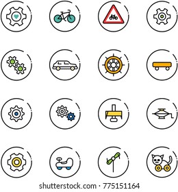 line vector icon set - heart gear vector, bike, road for moto sign, limousine, hand wheel, skateboard, milling cutter, jack, baby car, toy windmill, cat