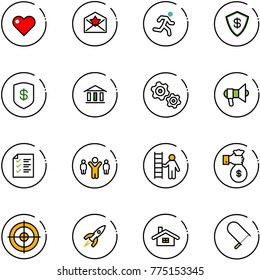 line vector icon set - heart vector, star letter, run, safe, bank, gears, megaphone, list, team leader, opportunity, rich, target, rocket, home, fretsaw